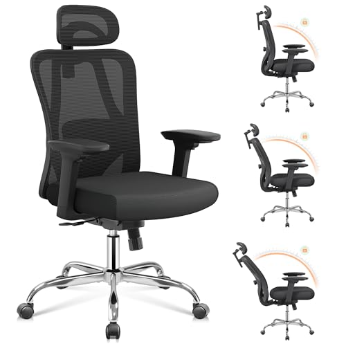 DEVAISE Bürostuhl Ergonomisch: Schreibtischstuhl mit Wippfunktion, Verstellbarer Kopfstütze & Lendenstütze, 3D-Armlehnen, 3-stufige Neigung, atmungsaktives Netzgewebe fürs Homeoffice & Büro, Schwarz