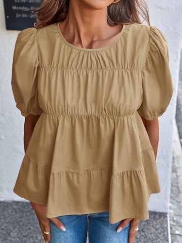 Image of Tankaneo Womens Puff Sleeve Peplum Babydoll Tops Summer Flowy Pleated Cotton T-Shirts Casual Loose Fit Cute Blouse