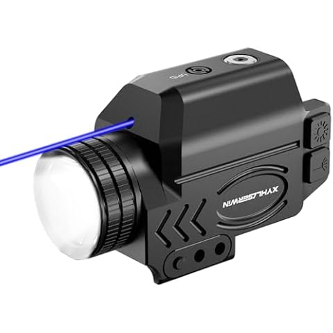 1000/500/200 Lumens Adjustable Tactical Flashlight Laser Combo with Strobe & Constant Modes, Pistol Weapon Light Blue Laser Compact Rail Mount, Magnetic Rechargeable, Laser Class IIIA,Less Than 5mW Cover