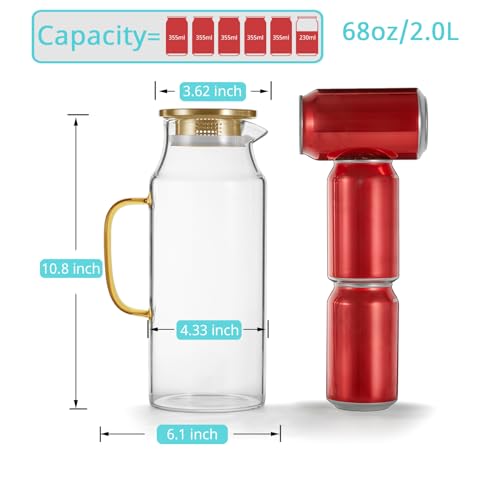 Image of Bivvclaz 2 Pack 2 Liter 68 oz 2.1 Qt Gold Glass Pitcher with Lid and Handle, Water Pitcher for Fridge, Glass Carafe for Hot /Cold Water, Large Iced Tea Jug for Coffee, Juice and Homemade Beverage