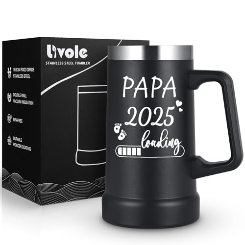 Livole Merveilleux Cadeau pour Papa et Futurs Parents - Papa 2025 Loading - Verre à Bière de 24 oz avec Anse - Tasse pour la Fête des Pères
