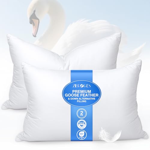 zibroges Feather Pillows Queen Size Set of 2 - Goose Down Hotel Bed Pillow for Sleeping, Soft 600...