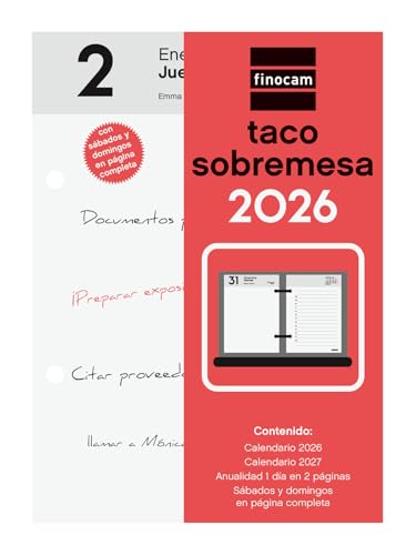 Finocam - Taco de Sobremesa 2026 2 Páginas Día Enero 2026 - Diciembre 2026 (12 meses) Neutro Español