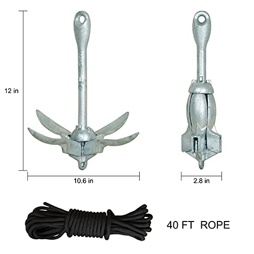 Mortime Grapnel Anchor Kit 3.5 Lb Folding Anchor With 40Ft Rope, Marine Anchor Accessories For Kayaks, Canoes, Paddle Boards #TOP3
