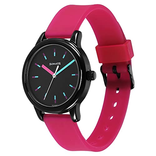 Image of Sonata Splash Quartz Analog Black Dial Pink Plastic Strap Watch for Women - 8178NP02