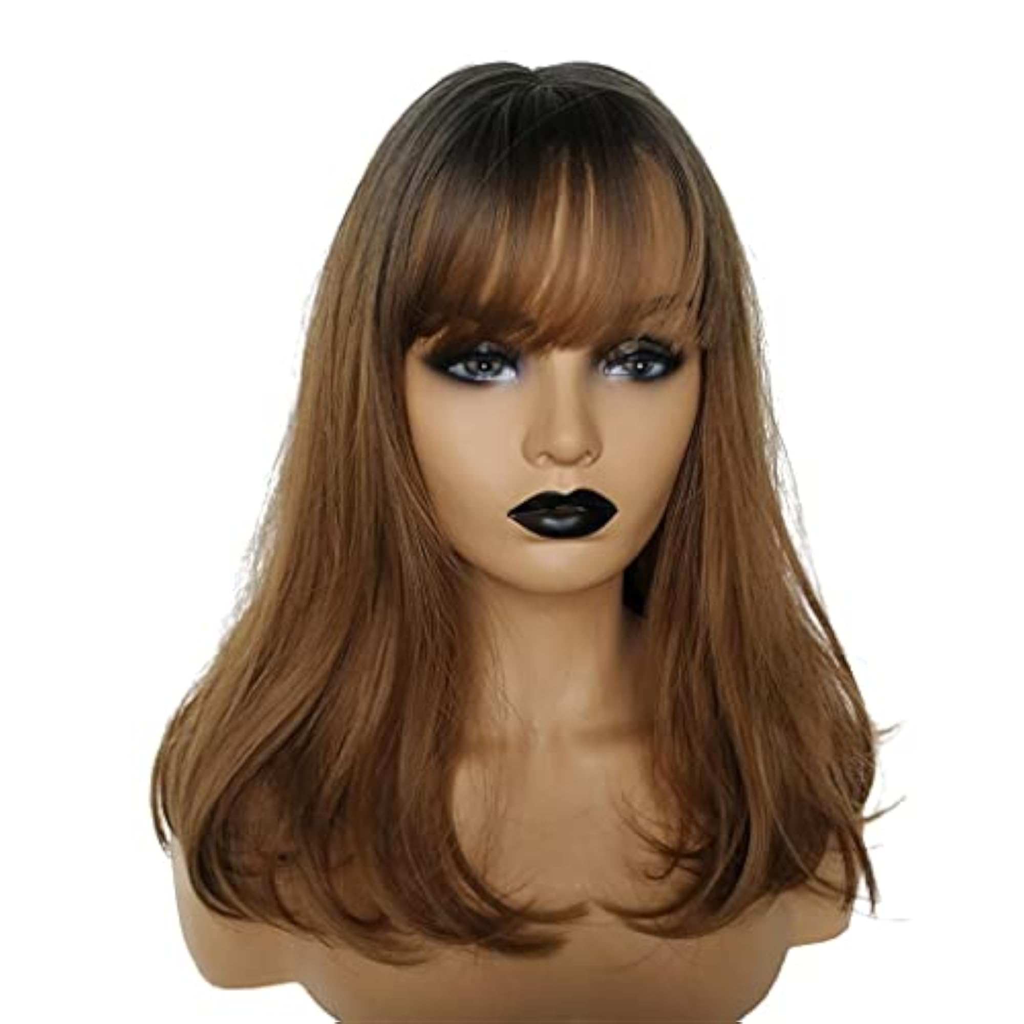 Brown Long Straight Wig with Bangs, 16 Inch