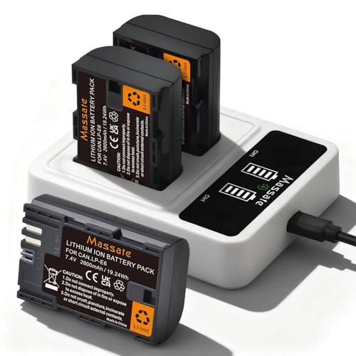 Massate 3-Pack 2600mAh LP-E6 Battery + LED PD20W Fast ChargerFull Power 2.5Hrs LP E6 Battery for Canon EOS 5D Mark II/III/IV 5DS/R 6D/6D II 7D/7D II 60D 70D 80D 90D R R5 R6 R7 DSLR