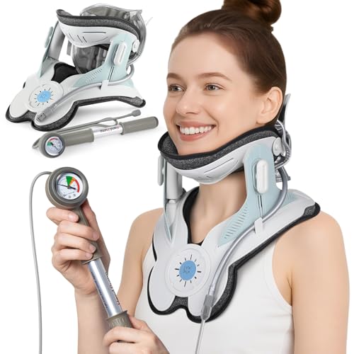 HygiVital 3-in-1 Cervical Traction Device, Neck Stretcher with Air Collar: Neck Pain Relief, Posture Correction & Spine Alignment in Minutes a Day - Portable Neck Brace with Manual Pump