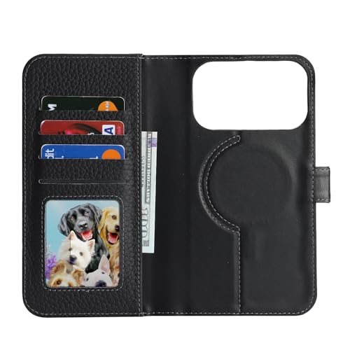 Image of Detachable Genuine Leather Case for iPhone 17 Pro Max Wallet Case Magnetic 2in1 Removable Flip Cover Book Purse Compatible with Magsafe Charging Kickstand Card Holder-Black