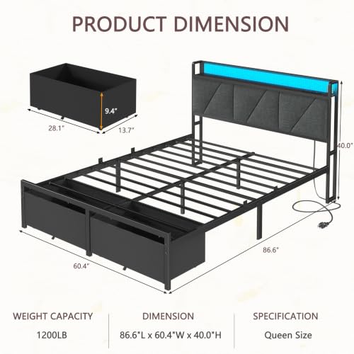 Image of Queen Bed Frame with 2 Storage Drawers & Upholstered Headboard | Metal Platform Bed with Storage Shelf, Charging Station, LED Lights and Heavy-Duty slats, No Spring Box Needed, Noise-Free