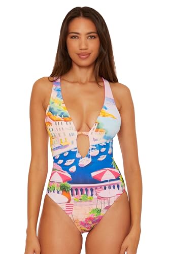 BECCA Women's Positano One Piece Swimsuit, Plunge Neck, Bathing Suits