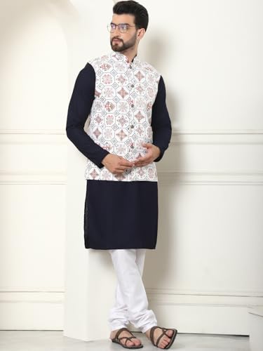 Image of SOJANYA (Since 1958 Men's Cotton Linen Maroon Kurta and White Pyjama with Mustard Cotton Nehru Jacket