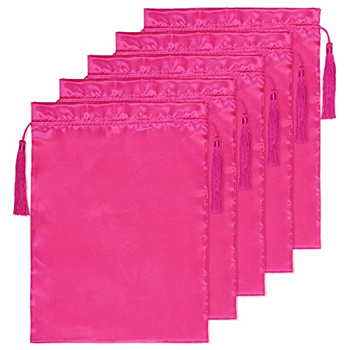 5pcs Blank Satin Bags for Packaging Hair Extensions, Lystaii Silk Satin Wig Bags with Drawstring for Bundles, Wigs, Gift and Travel Soft Silk Pouches Hair Storage Bags with Tassel 40 x 30cm (Rose Red)