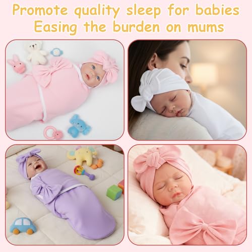 Image of Ramede 6 Pack Swaddle Blanket with Hats for Baby Girl Boy 100% Cotton Swaddles 0-3 Months, Adjustable Breathable Skin Friendly Receiving Blanket Wrap, Essential for Newborns(Bow,Solid Color)