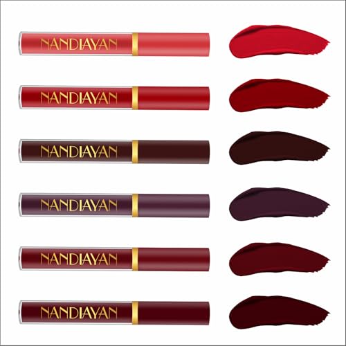 Image of Nandiayan Matte Liquid Lipstick Set of 6 (21 ml)| Wine & Brown lipstick Shades | Waterproof Long-Lasting Smudge-Proof Lipsticks | Highly Pigmented & Perfect Liquid Lipstick gift set for women (Set D)