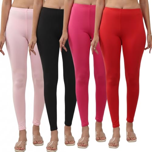 Image of Volex Women and Girls Full Length Leggings | Cotton Spandex /Elastane 4 Way Stretchable | Casual Slim fit Ultra Soft Leggings-Pack of 4