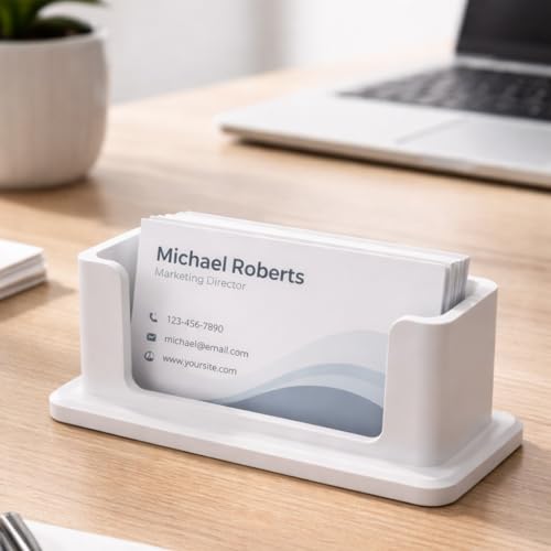 Image of Modern Minimalist Visiting Card Holder for Desk - Premium Plastic Business Card Stand, Office Table Card Organizer for Professionals, Reception, Home Office (White)