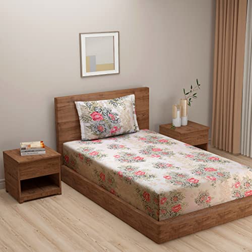 Image of Swayam Mercerized Pure Cotton Single Bedsheet with 1 Pillow Covers | 250 TC Soft Breathable Bed Sheet | Floral Printed | Size 60 x 90 inch | Comfortable & Durable for Bedroom - Beige
