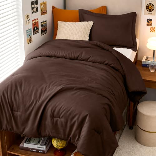 Image of MUXHOMO Twin /Twin XL Comforter Set, All Season Ultra Soft Down Alternative Bedding - 3 Piece Lightweight Bed Set Includes 1 Comforter (68 inchx88 inch) and 1 Pillow Shams (20 inchx26 inch), Dark Brown