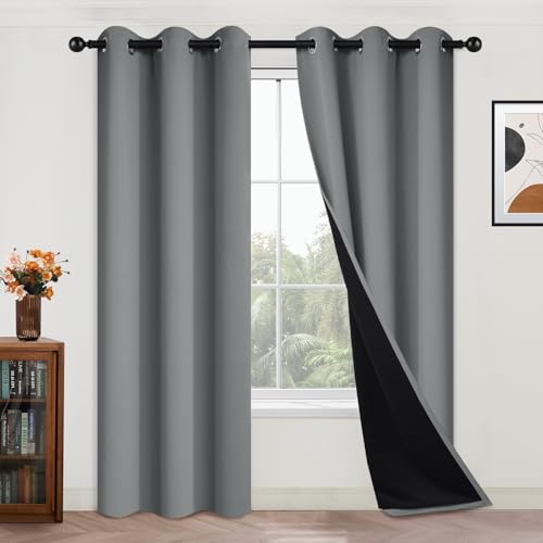 Image of Yakamok Dove Grey 100% Blackout Curtains 84 Inches Long 42 inch Wide 2 Panel | Blackout Curtain Panels for Bedroom, 2 Thick Layers Grommet Top Thermal Insulated Drapes with Black Liner for Living Room