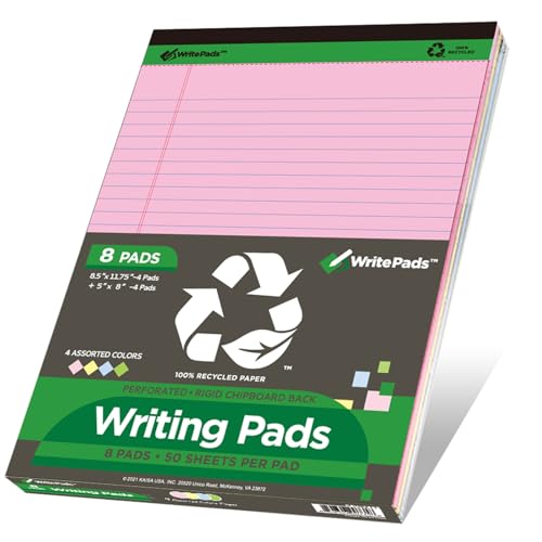 KAISA Colored Legal Pad 15lb Recycled Paper Writing Pad, 4pcs 5"x8" Narrow Ruled and 4pcs 8.5x11 inch Wide Ruled, 50 Sheets, Mixed 8pads, KSU-7358