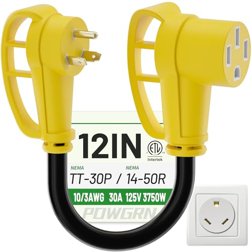 POWGRN 30 Amp to 50 Amp RV Adapter 12 inch Heavy Duty 10/3 Gauge RV Electrical Adapter NEMA TT-30P Male to NEMA 14-50R Female STW 10AWG 30A 125V 3750W Black-Yellow ETL Listed