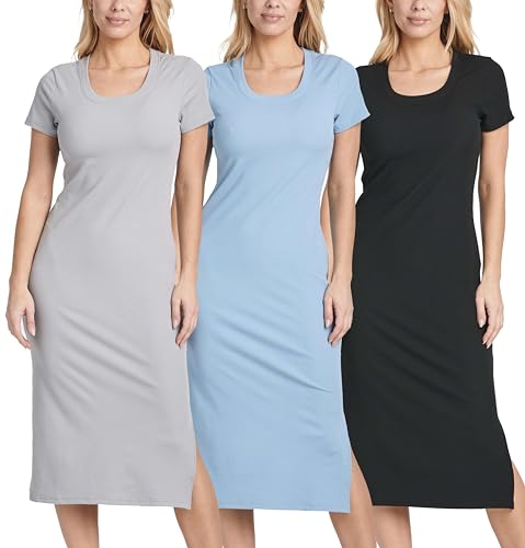 Image of Real Essentials 3 Pack: Women's Ribbed Jersey Crew Neck Short Sleeve Midi Length Dress with Side Slit