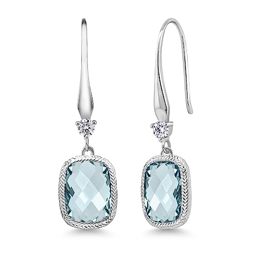 Gem Stone King 4.60 Cttw Simulated Aquamarine Drop Dangle Earrings for Women | 925 Sterling Silver | 13X9MM Cushion Checkerboard Cut | Fine Jewelry Gifts for Her Mom Women Wife