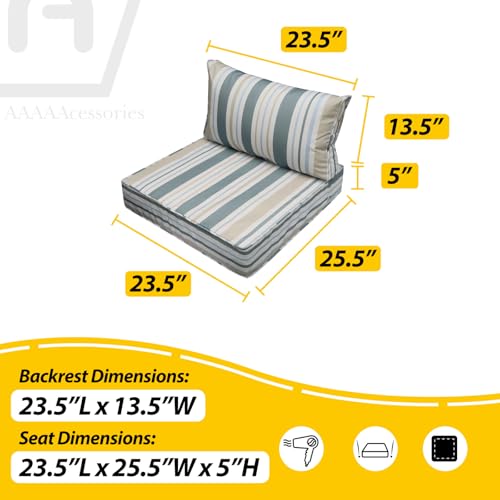 Image of AAAAAcessories Outdoor Seat Cushions for Chairs, Fade-Resistant, Waterproof Patio Furniture Replacement Cushions, 23.5 inch x 25.5 inch x 5 inch + 23.5 inch x 13.5 inch, Set of 2, Slate Gray Blue Coastal Stripe