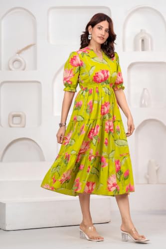 Image of Dress for Women | One Piece for Women | Long Stylish Women Dress Fit & Flare Maxi Dress, Cotton Summer Calf Length Dress