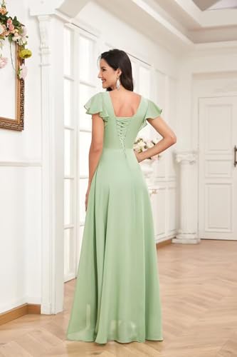 Short Sleeve Bridesmaid Dresses Chiffon Long A Line V Neck Ruffles High Low Modest Formal Prom Evening Dress4