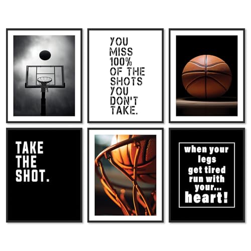 Dazzlewall 6pcs Basket motivazionale parete arte immagini, sport citazioni ispiratrici poster per la camera da letto stanza dei giochi teen boy room decor 20×25 cm senza cornice