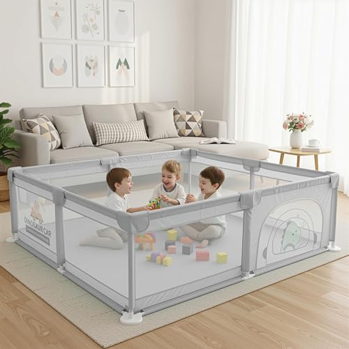 Image of Baybee 200 x 180 Cm JoyHub Kids Playpen for Babies | Kids Activity Floor Mat Playards with Corner Protection | Baby Play Area Indoor Setup with Zipper Door & Toys Pouch | Outdoor play pen for baby for 0 - 5 years Boys Girls (Light Grey)