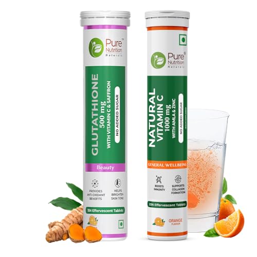 Image of Pure Nutrition L Glutathione 500mg Tablets with Vitamin C from Amla Extract | Combo Pack for Skin Health - 15 + 20 Effervescent Tablet