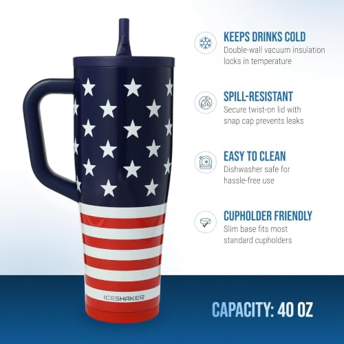 Image of Ice Shaker 40 oz Tumbler with Handle and Straw | 40oz Stars & Stripes | Cold for 30+ Hours | 2-in-1 Tumbler Shaker Bottle | Odor-Free 40 ounce Bottle for Water, Protein Shakes, Smoothies, Cocktails