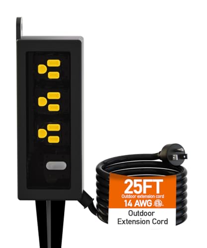 Outdoor Power Strip Weatherproof, ZZJ IP69 Grade Waterproof Surge Protector, 25 FT Outdoor Extension Cord with Stake, 6 AC Outlets,14 AWG Heavy Duty Cord for Outdoor Patio Garden-Black