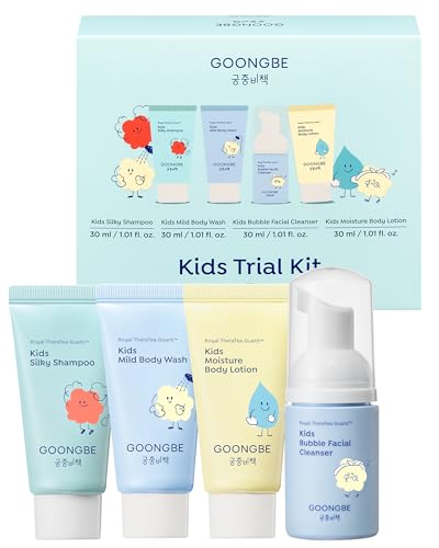 GOONGBE Kids Travel Toiletry Set 4-in-1 TSA Carry-On Kit with Shampoo Body Wash Face Cleanser (Sunscreen Removal) & Lotion Silicone-Free Low pH for Sensitive Skin1oz Each