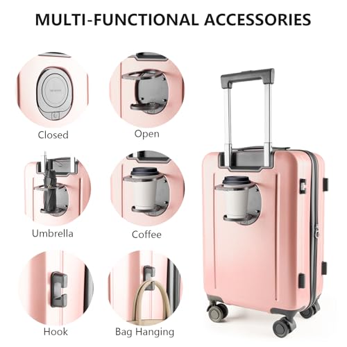 20-Inch Hardshell Carry-On Luggage with Front Compartment, 360-Degree Spinner Wheels, TSA Lock, Cup Holder & Bag Hook - Airline Approved Business Travel Suitcase (pink)2