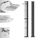 LZQ Solardusche 40L Gartendusche Solar mit integriertem Thermometer & Fußdusche, Pooldusche 60°C Warmwasser ohne Strom, Außendusche mit schwenkbarer Regenduschkopf & Gartenschlauch-Anschluss, Silber