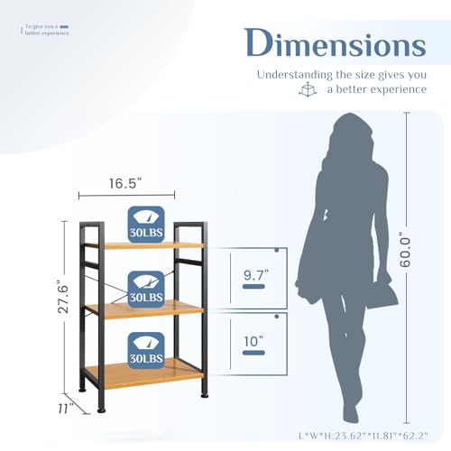 Image of DUMOS 3 Tiers Open Bookshelf, Classic Freestanding Tall Display Shelf, Multifunctional Storage Organizer Rack for Living Room Home Office, Sturdy Bookcase for CDs /Books /Movies, Wood