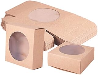 BENECREAT 20 Pack Black Kraft Paper Boxes with Clear Window 9.5x9.5x3.5cm Gift Packaging Boxes for Bakery Cookies Cake Candy Wedding Party Favors