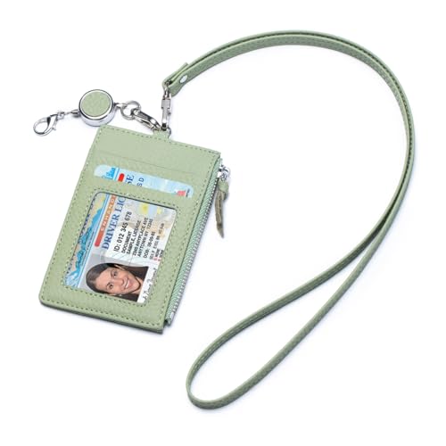 Karmiir Leather ID Case with Lanyard, Minimalist Slim Badge Holder Card Wallet for Women & Men, Fashion ID Case with Clear Window, Zipper Pocket & Retractable Badge Reel（Green