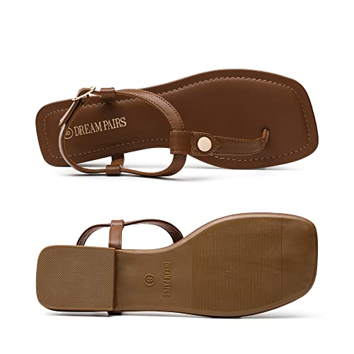 DREAM PAIRS DREAM PAIRS Women's T-Strap Thong Flat Sandals with Cute Square Toe Strappy for Summer,Size 5.5,Brown,SDFS2301W