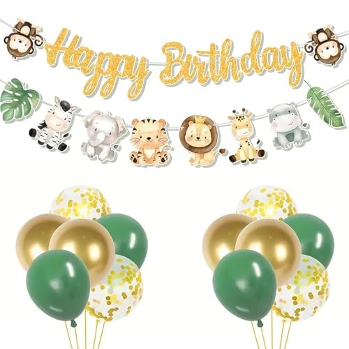 Decoração de festa de aniversário da selva, 12 balões de aniversário verde dourado, grinalda de aniversário, decoração de festa de aniversário selva bandeira, retro verdes e ouro branco confetes