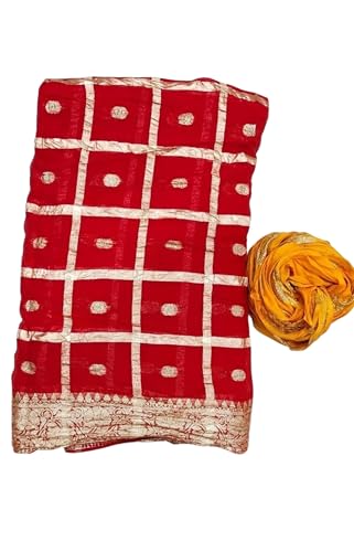 Image of Women's Pure Viscose Georgette Checks Zari Fabric Jaipuri Saree with Matching Blouse