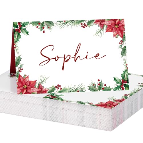 BETESSIN 50 Hojas Tarjeta Mesa de Navidad, Tarjeta Plegable Flores Navideños de Nombre Lugar Asiento para Fiesta de Navidad Boda Cumpleaños