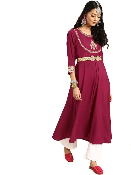 KSUT (House of Varanga Women Magenta Embroidered Round Neck Kurta(M) Deal