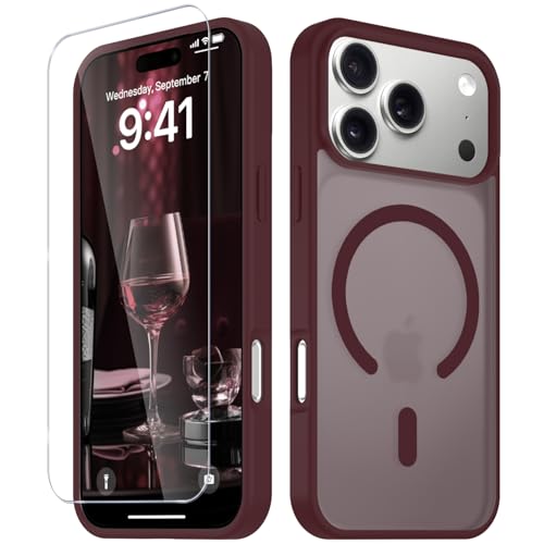Image of YENAPOON for iPhone 17 Pro Max Case, Matte Magnetic Phone Cover [with 1 Screen Protector] [Support for MagSafe] [Shockproof Military Grade Protection] Translucent Frosted Back, Wine Red