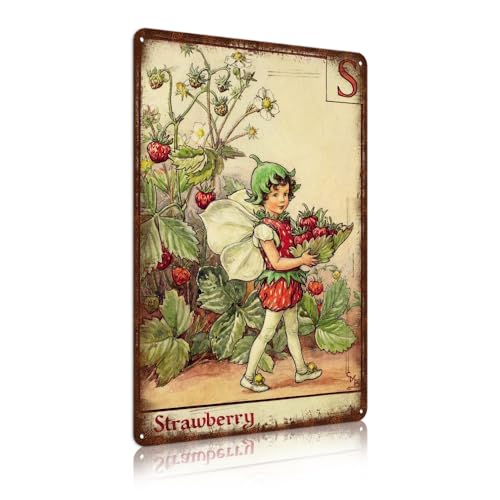 Flower Fairy Wall Decor Vintage Metal Tin Signs Fairy Garden Accessories - Strawberry