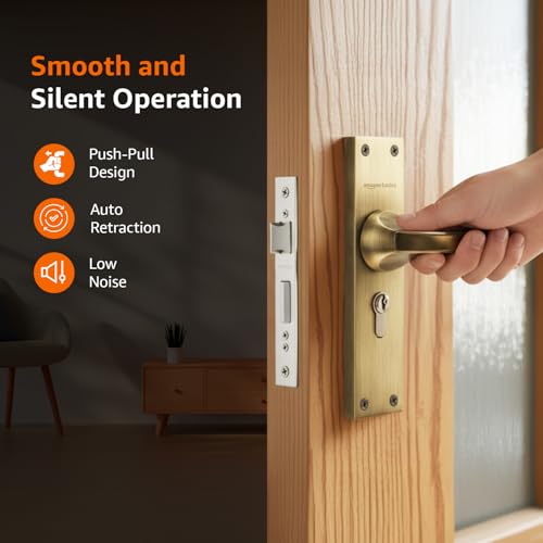 Image of Amazon Basics Heavy-Duty Door Lock Set | Mortise Door Lock Handlesets with 3 Brass Key for Home,Office,Hotel | Brass Lock Body & Cylinder | Golden